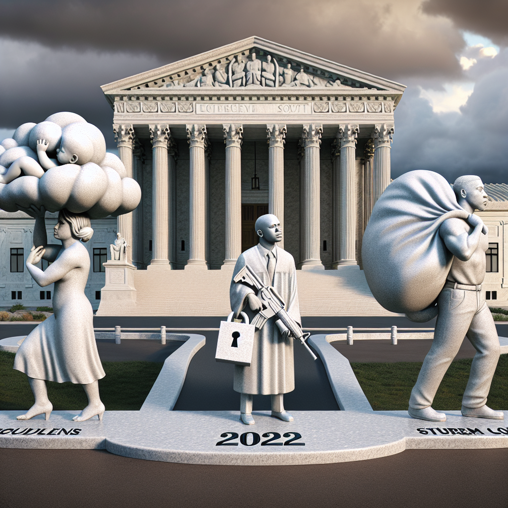 A granite rendering of the Supreme Court building in the daytime under a cloudy sky. There are three symbolic carrier figures: a Caucasian female holding a fetus shaped cloud, expressing the topic of abortion reforms; a Black male with a locked gun-shaped pendant, signifying gun laws; and a Hispanic man carrying a hefty bag mimicking a student loan agreement. The weights of these objects highlight their significance. They are standing on a path shaped like a parchment scroll, symbolising legal rulings. The year '2022' is inscribed on the path, marking the contemporary relevance of the rulings.