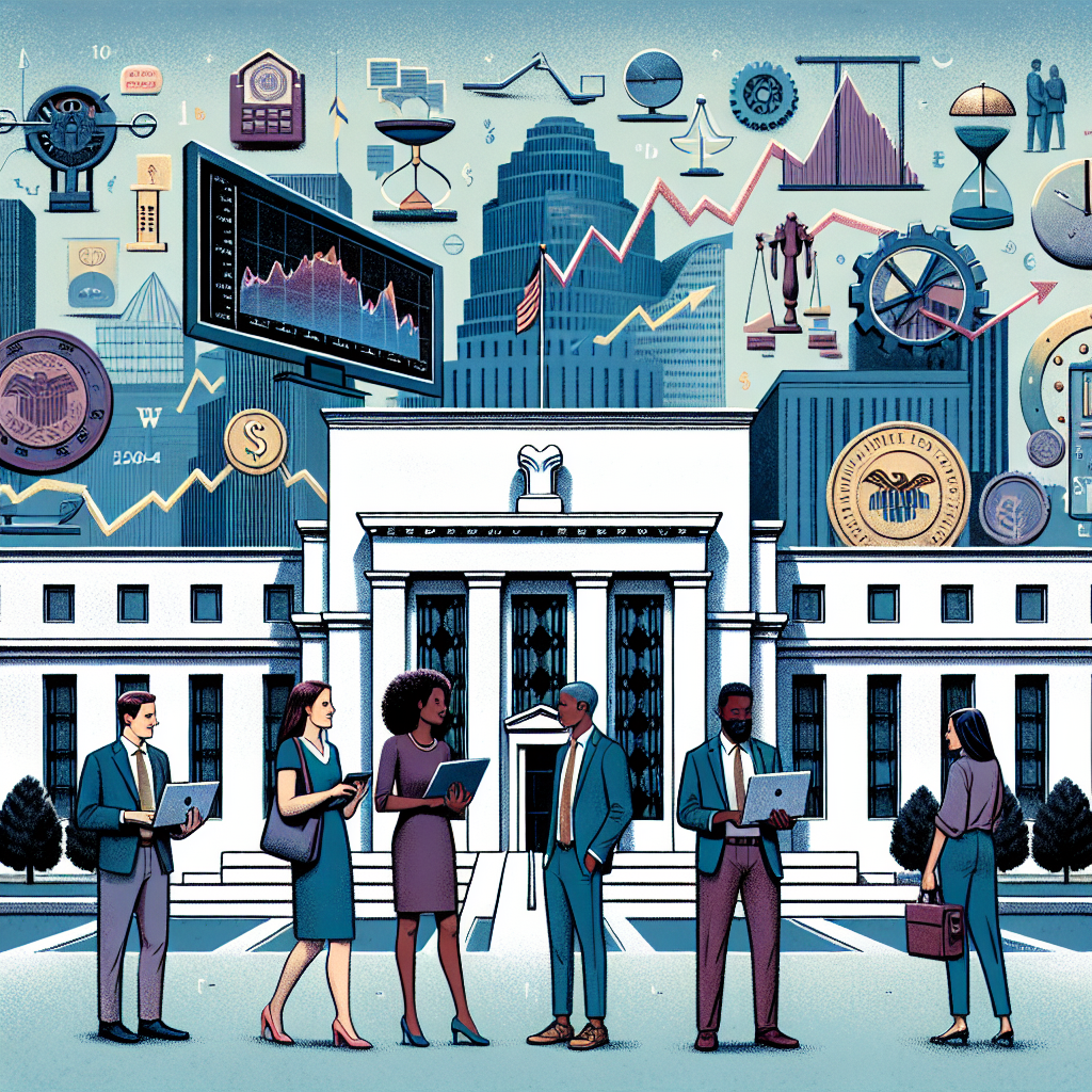 A detailed illustration of the Federal Reserve building sits prominently in the foreground of the image. A diverse mix of people, including a Hispanic woman and a Black man, are standing outside it. They are portrayed as economists, carrying financial documents and laptops, engaged in a discussion. Behind them is a large monitor displaying various diagrams and charts related to interest rates and inflation. In the sky above the building, visual representations of economic concepts such as scales, hourglasses and gears float, symbolizing strategy and management.