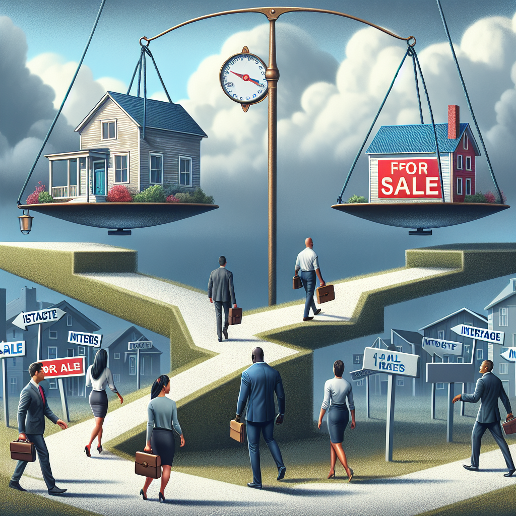 Showcase a conceptual scene illustrating the US housing market crisis. Include a background of houses with 'For Sale' signs, with one large, prominent house representing the market. This house should be straddled by a giant metaphorical 'interest rates' weighing scale tilting upwards. A diverse group of people, including a Middle-Eastern woman and a Black man, both professionals in business attire, should be navigating across a zig-zagged path leading to the house, representing their strategic approach to tackle the rising mortgage rates. They use tools like a compass and a map in hand. It's a cloudy day, signaling the uncertainty of the situation.