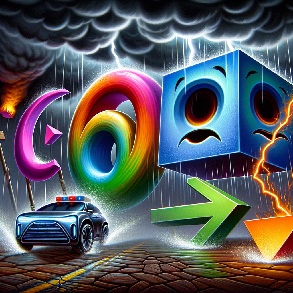 A dramatic illustration showing four symbolic entities representing big tech companies. The first one looks like an abstract, colourful letter 'G', the second one is a giant smiling arrow, the third one is a cube with a large eye design on its faces, and the last one is a futuristic electric car. They all are caught in a downtrend rain indicating layoffs. The 'G', arrow, cube, and the car are set against a cloud-filled, stormy sky, a metaphor for frightening changes.