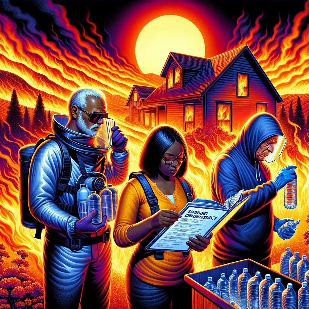 A vivid depiction of a wildfire emergency scenario with intense orange-yellow flames in the distant background. In the foreground, three people are preparing to deal with the emergency. A middle-aged South Asian man is reviewing instructions on a shiny, laminated survival guide. A young Black woman, draped in heat resistant protective gear, is filling bottles with water, while an elderly Middle-Eastern man is closing windows and doors of their wooden house. The scorching sun above them represents an extreme heatwave. The image symbolizes both danger and preparedness.