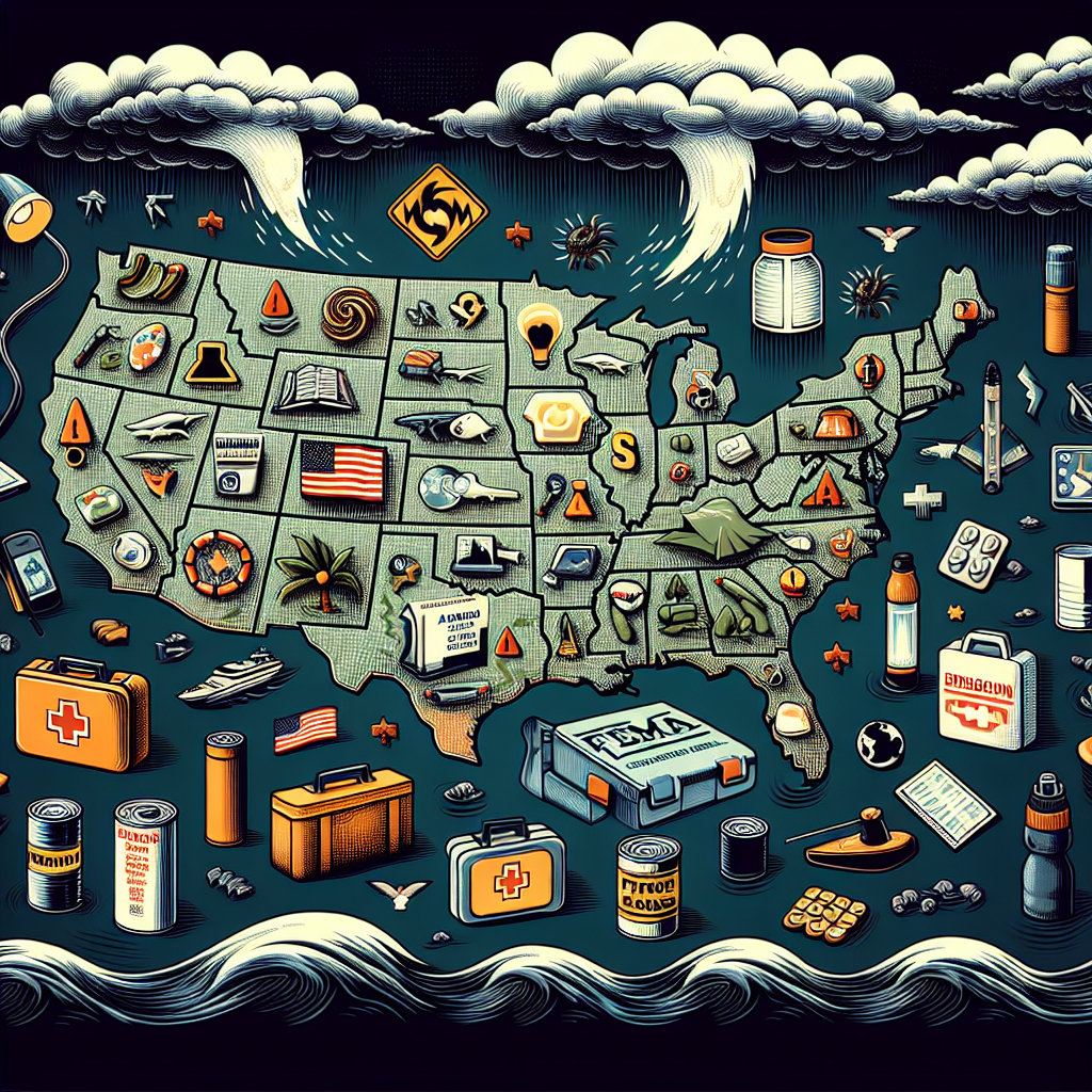 An illustration of a detailed map of the southern United States surrounded by various symbols representing emergency preparedness for hurricane season. Examples of symbols may include a hurricane symbol, a first aid kit, a flashlight, canned food, a battery-operated radio, and a waterproof container amongst other items underpinning FEMA's recommendations. In the background of the image, dark clouds loom to signify the hurricane season. Editions of a weather forecast on one side, filled with symbols detailing the possible path of an impending hurricane are also included.