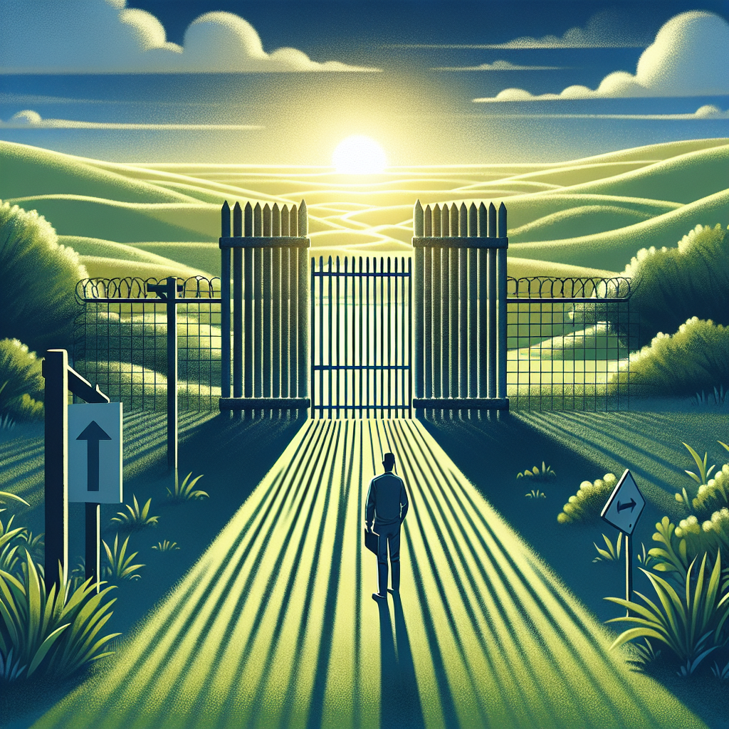 Illustrate a transformation scenario that closely mirrors the topic of immigration policy updates. This could include a metaphorical image of a gate in a fence, demonstrating the evolving nature of border security. To further relate it to the context, have the fence in the middle of a lush, rolling landscape under a bright, yet soft setting sun casting long shadows. Add in elements like signs with arrows indicating a change in direction, and a figure contemplating the gate, with an air of uncertainty yet hope. Maintain a balance between realism and artistic interpretation.