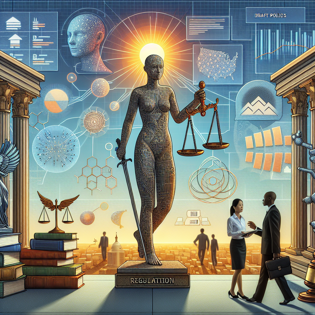 A symbolical scene representing artificial intelligence regulation. Visible in the scene are scales of justice - metaphorically balancing artificial intelligence and regulations, an abstract figure resembling the White House backgrounded with a rising sun, hinting towards policy approach. Various draft policies, books on ethics, and flowchart diagrams are scattered around suggesting a comprehensive research process. Strolling in the scene, a female Asian regulatory official and a male Black scientist, engaged in a discussion about policy mechanisms.