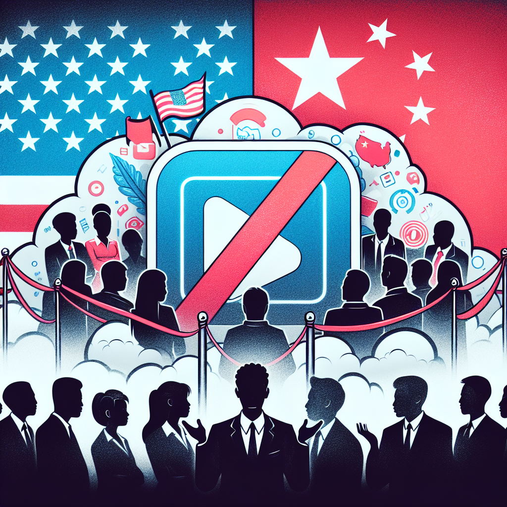 An illustrative concept for a tech-centered debate. In the foreground, a symbolic representation of a tech application logo, a generic video icon perhaps, divided by a red line, suggesting a 'ban.' On either side of this, flags representing the US and China, also divided by the same red line, symbolizing tensions. In the background, silhouettes of a diverse group of people in debate poses - one Black woman pointing to the logo, a Caucasian man shrugging, a Hispanic woman, arms crossed, looking thoughtful, and an Asian man gesturing openly. All under the veil of digital clouds representing technology.
