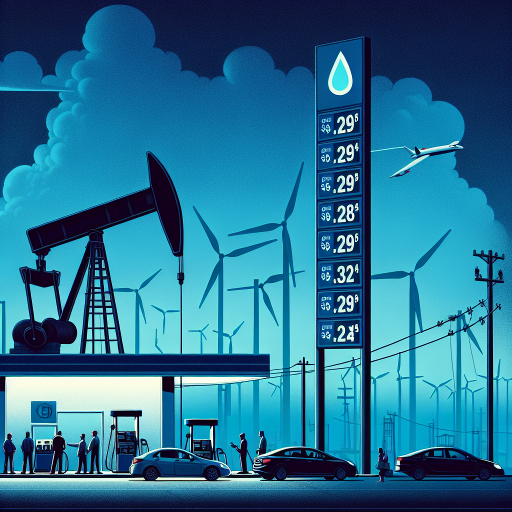 A scene depicting the effects of changing energy policies on gas prices in the United States. A petrol station under a blue sky, with prices clearly displayed on a large signpost. In the background, there should be the silhouette of oil derricks and wind turbines, suggesting shifts in energy production sources. Insert a few cars waiting in line to symbolize the demand for gas- gender and descent of drivers should vary, include a Caucasian female and a Hispanic male among others. The mood of the scene should convey seriousness, suggesting the gravity of the situation.
