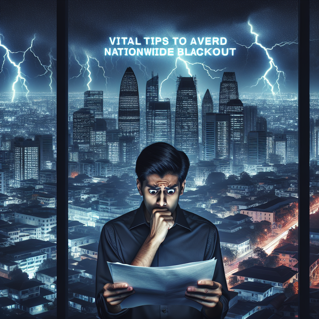 Illustrate a sprawling city skyline during the nighttime, the twinkling city lights suddenly extinguished by a widespread power outage. Superimposed over this scene of the blackout, showcase a visibly distressed individual of South Asian descent studying a document titled 'Vital Tips to Avert Nationwide Blackout'. Also show a spine-tingling depiction of the phrase 'Power Grid Failure Risks', looming ominously over the darkened city skyline.