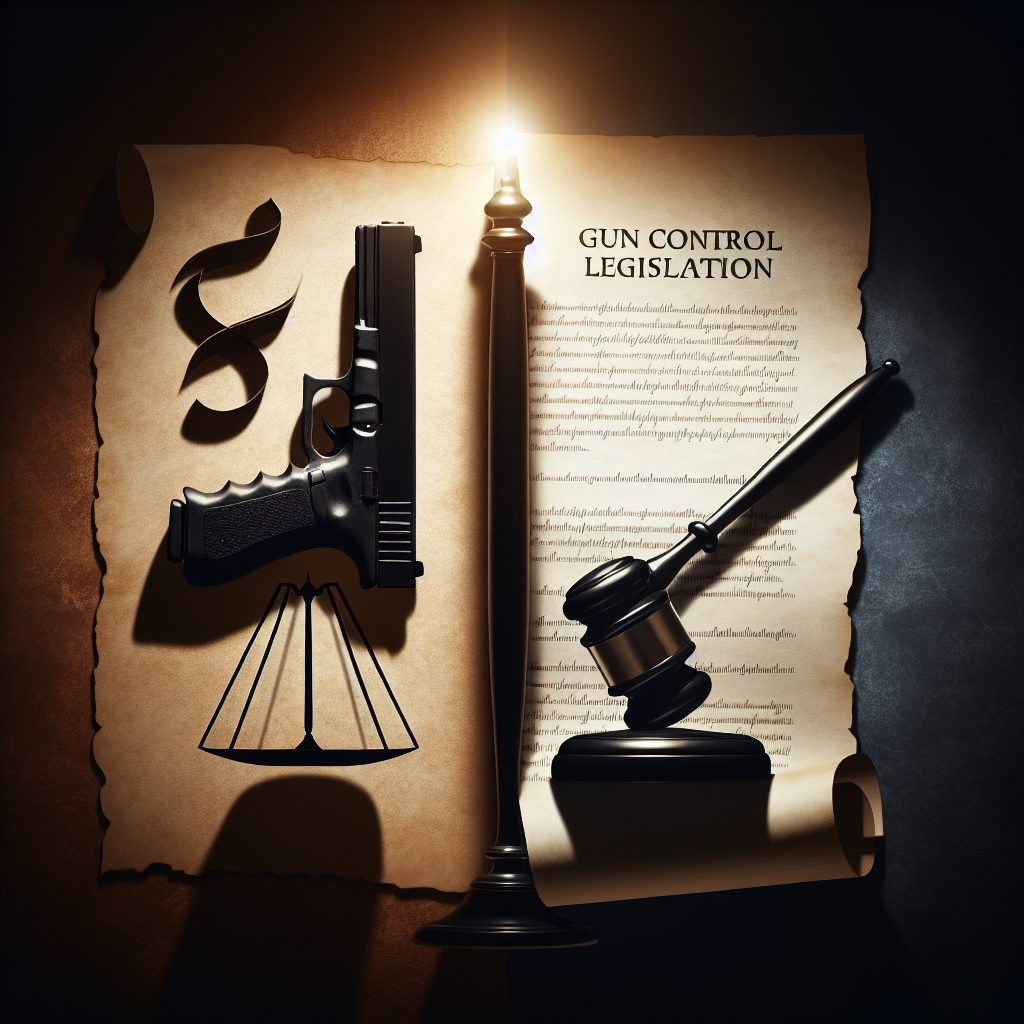 A balanced composition symbolically representing the concept of federal gun control legislation as a means to reduce violence. One half of the image depicts the shadowy silhouette of a handgun, a symbol of gun violence. The other half shows a gavel, symbolizing legislation, casting a peaceful ray of light. Between both elements, a parchment scroll suggesting the legislative document unrolls across the image, with the words 'Gun Control Legislation' in legible calligraphy etched on it. The background is a blend of dark and light colors to reflect the seriousness and hope associated with the topic.