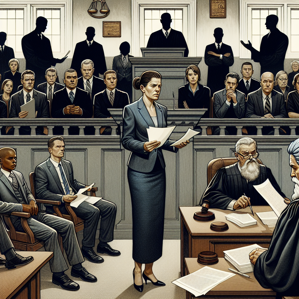 An illustrative depiction of a well-structured courtroom scene. We see a nervous but determined Caucasian female prosecutor standing up, holding a bundle of papers. On the other side, a calm Black male defense attorney is seen showing a piece of evidence to the jury, a diverse group of nine men and women of various descents. The stone-faced judge, an authoritative Middle-Eastern woman, observes the proceedings intently. The walls are adorned with symbols of justice: a balance scale, a gavel, and the constitution. The atmosphere is tense, echoing the importance of the looming verdict. All characters are purely fictional.