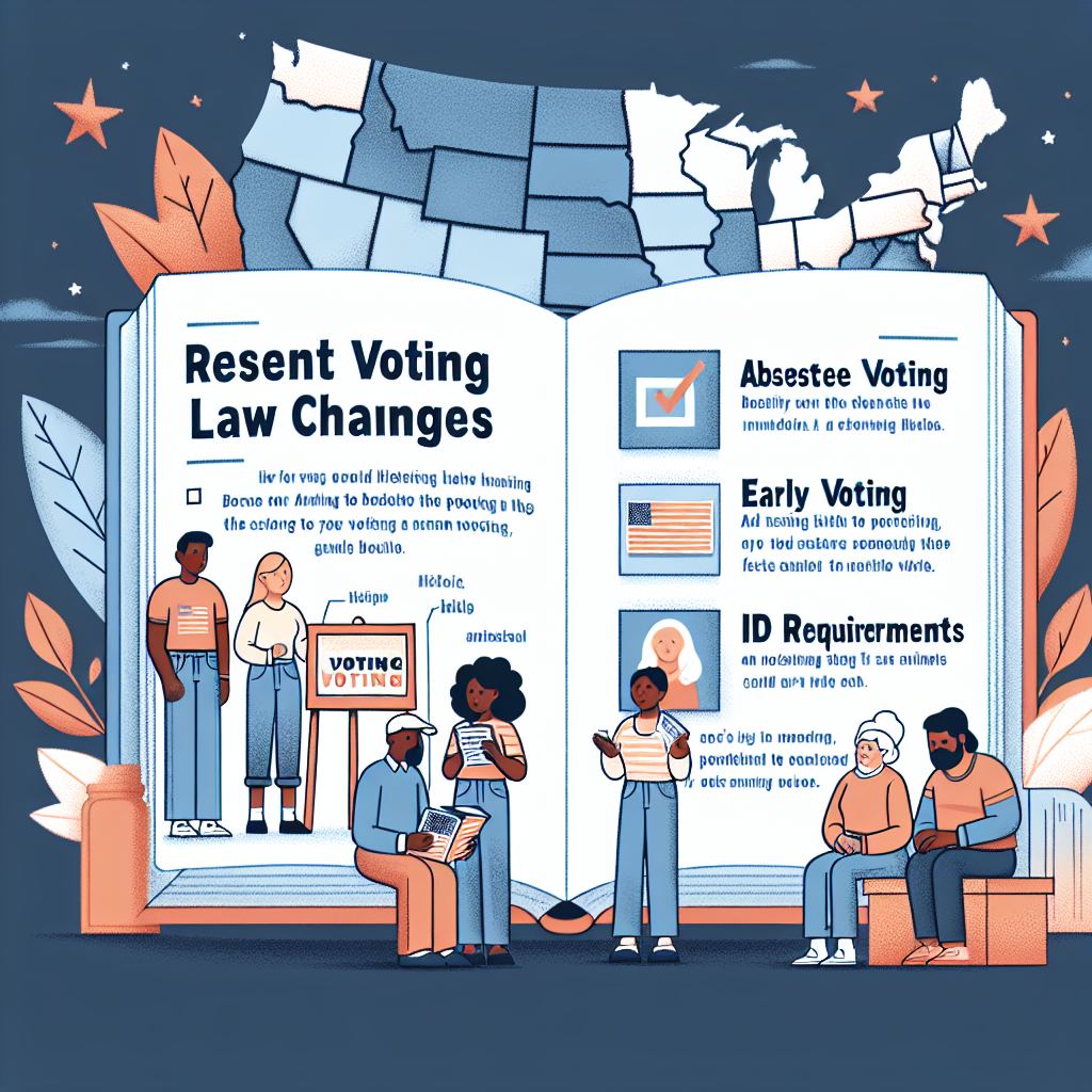 Illustration of an informative guide explaining recent voting law changes. The composition of the image shows an open book with illustrated sections about key concepts like 'Absentee Voting', 'Early Voting', 'ID Requirements'. One can identify illustrations of a voting booth, an absentee ballot, and an ID card. To encourage diversity and inclusivity, various individuals are reading the guide - a Hispanic female young adult, a Middle-Eastern male senior citizen, and a Caucasian adult of non-binary gender. This scene is set against a backdrop representing the United States.