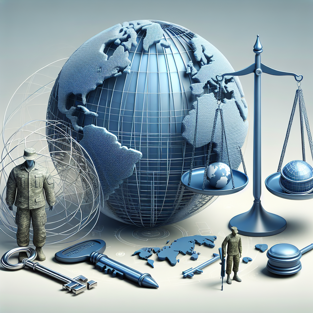 Illustrate an abstract concept of global security with several key factors visually represented: a 3D model of a globe with multiple layers indicating different continents, a scale of justice depicting a balance between internal issues and international relations, a large key symbolizing decision-making and potential aids. Beside the scale, portray a military uniform indicating the involvement of defense forces. Remember to ensure that everything is non-specific and generic without any connection to actual countries, military uniforms, or figures.