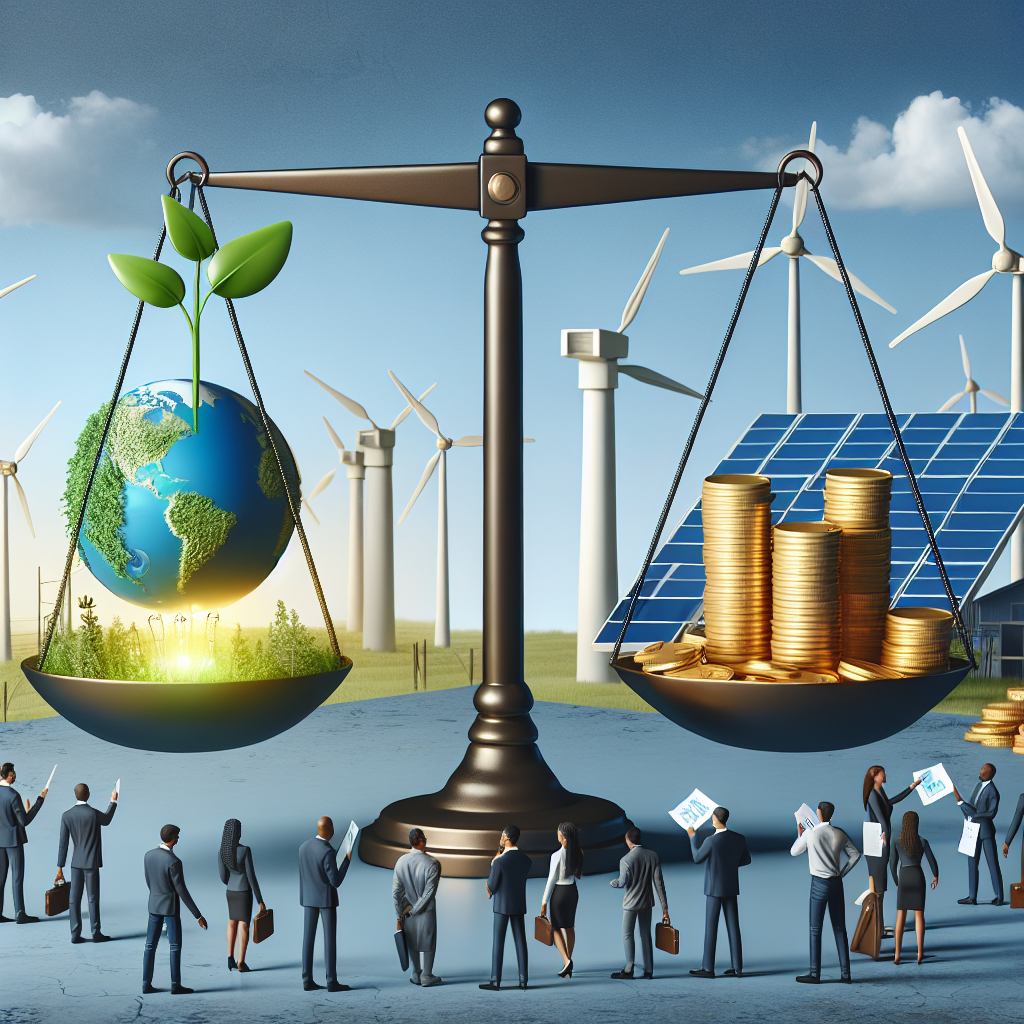 A 3D illustrated image showing a balanced scales, with one side carrying a planet Earth being nurtured by a plant indicating green energy and the other side carrying a pile of gold coins, representing investment. Behind the scale, on the left side, a wind farm, and on the right side, a bright solar panel, both reflecting on the future of clean energy. In the foreground, a group of diverse people consisting of male and female individuals of various descents: Caucasian, Black, South Asian, Hispanic and Middle-Eastern, discussing the strategies with documents in their hands. The atmosphere is calm and collaborative.