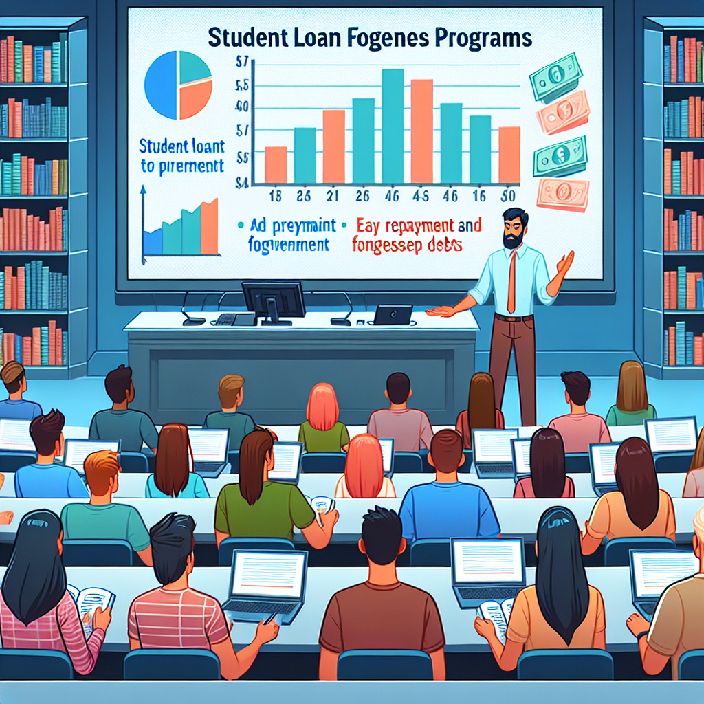 Imagine a scene of a university lecture hall filled with students of varying descents and genders, all attentively listening to a guest lecturer. This guest lecturer, a Middle-Eastern man, is standing at the front of the room explaining the newly introduced student loan forgiveness programs. On a large presentation screen behind him, there is a colorful bar graph showing how the average student loan debt has decreased over time. Next to the graph, key points from the lecture about easy repayment and forgiveness programs are bullet-pointed. On the students' desks, note books and laptops are open, capturing the new information.