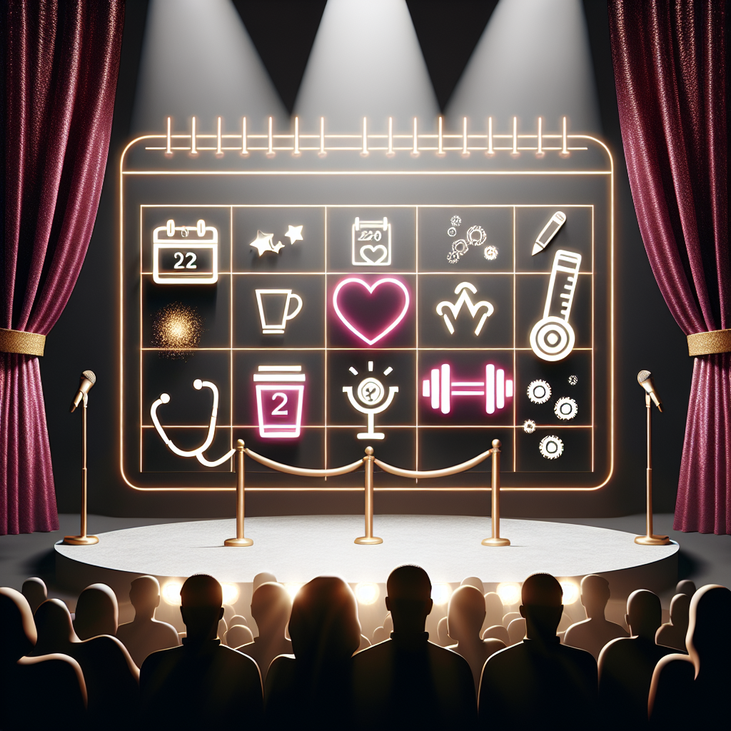 An image that signifies milestones in a general manner. This could be a calendar with highlighted dates, health symbols like a stethoscope, heart or barbell, and event props like confetti or a microphone. These elements should be displayed against a backdrop often used in magazine features: a glamorous stage with spotlights, velvet curtains, and a trendy color scheme. Finally, in the foreground, a silhouette of an audience in anticipation, hinting at public interest in these milestones.