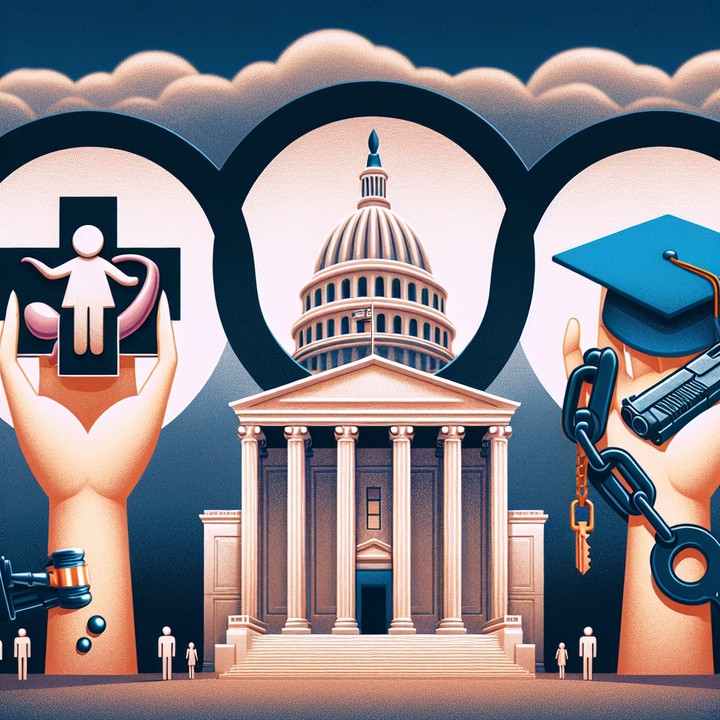 Create an image which showcases three separate symbols, each representing abortion, gun laws, and student loans, arranged strategically implying their significance. On the background, show an imposing structure, symbolizing a powerful institution making crucial decisions. The symbols can be, for example, a medical cross and a female symbol intertwined for abortion rights, a gavel and a gun for gun laws, and a graduation cap tethered to a heavy ball and chain for student loans. The overall atmosphere should convey a solemn, thoughtful mood.
