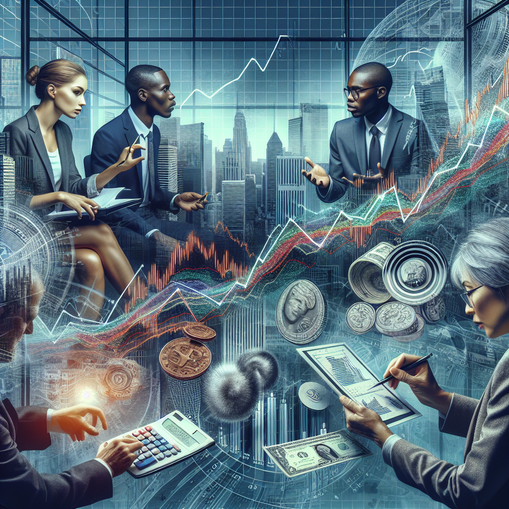 An intricate graph showing the trajectory of Federal Reserve interest rates over time, contrasted with inflation trends. To the side, a trio of investors composed of a Caucasian woman, a Black man, and an Asian man are fervently discussing, with various financial utensils such as calculators, pens, and notepads in their hands. Behind them, a wide, pellucid glass window revealing a bustling cityscape under the afternoon glow. All elements indicating strategies for managing inflation like financial reports, statistical data, and intuitive diagrams should be depicted in a well-organized setting.
