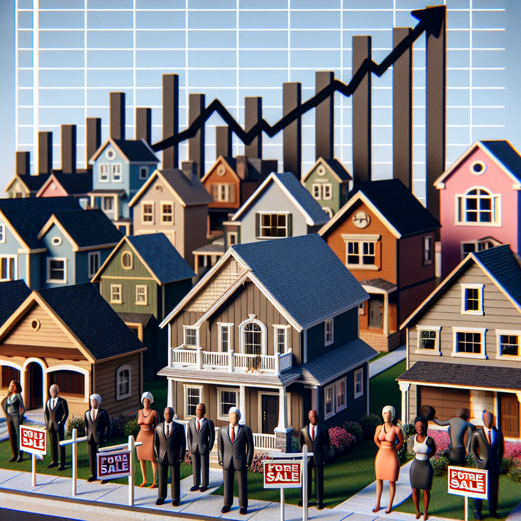 A visual representation of the ongoing crisis in the US housing market. Display a suburban neighborhood with a mix of different architectural style houses signifying the diversity of American homes. Show some 'For Sale' signs on the front yards of these houses and bars on a graph in the background steadily rising, symbolizing the climbing mortgage rates. Please include a diverse range of people standing in front of their homes with worried expressions, showing that homeowners of all descents (Caucasian, Hispanic, Black, Middle-Eastern, South Asian, and East Asian) and genders are affected.