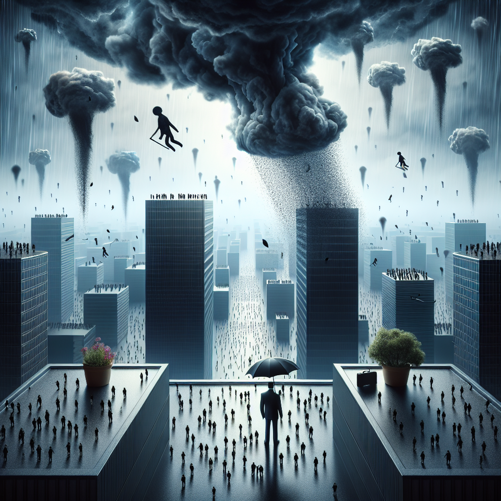 An abstraction of a stormy weather with ominous clouds hovering over tall buildings symbolizing tech companies. The stormy atmosphere indicating layoffs with rain portraying the concept of falling jobs. In the eye of the storm, a miniature person representing an executive stands with an umbrella, looking at the chaos unfold. Sprinkle throughout the storm, diminutive human figures falling from the corporate buildings, reflecting the employees laid off. A scene that enlightens the viewer on current state of mass layoffs in tech giants.