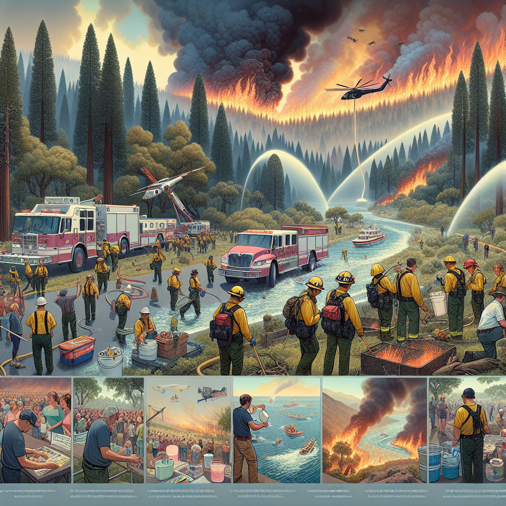 An illustrative scene depicting strategies to mitigate extreme heatwaves during wildfire emergencies. Include images of a forest in the background with towering trees and distant smoky plumes indicating a wildfire. In the foreground, show a team of multi-ethnic, mixed-gender firefighters working tirelessly to control the fire. Some are addressing hotspots, while others are creating firebreaks, and another group is lowering a water bucket onto a fire from a helicopter. Also, include a group of locals who are helping to distribute water and food to firefighters. Lastly, depict a community evacuation and people taking preventive measures like taking refuge in cool centers and hydrating regularly.