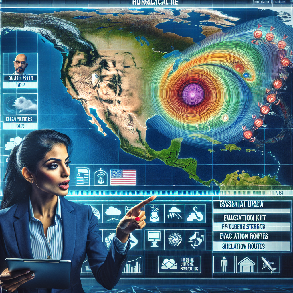 Visualize an alert system for the hurricane season. Imagine a detailed weather map displayed on a digital screen, marked with potential hurricane paths shown in vibrant colours. On the side of the map, there's a detailed list of essential preparedness updates such as emergency kit items, evacuation routes, and shelters. Illustrate the urgency of the situation with the haste of the characters, a South Asian female news reporter pointing intensely towards the projection map, and a Middle Eastern male meteorologist showing the evacuation routes on it.