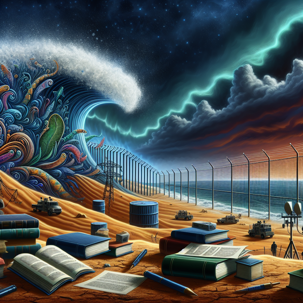 A vivid visual interpretation of transformation in immigration policy: A barren desert landscape signifying a border area with fortified security features in the background such as high fences and surveillance technology. A wave of knowledge, denoted by books, essays, and legalese paper documents, wash over the scene signifying the influx of new immigration policies. The sky is filled with dark-to-light gradient symbolizing change and evolution.