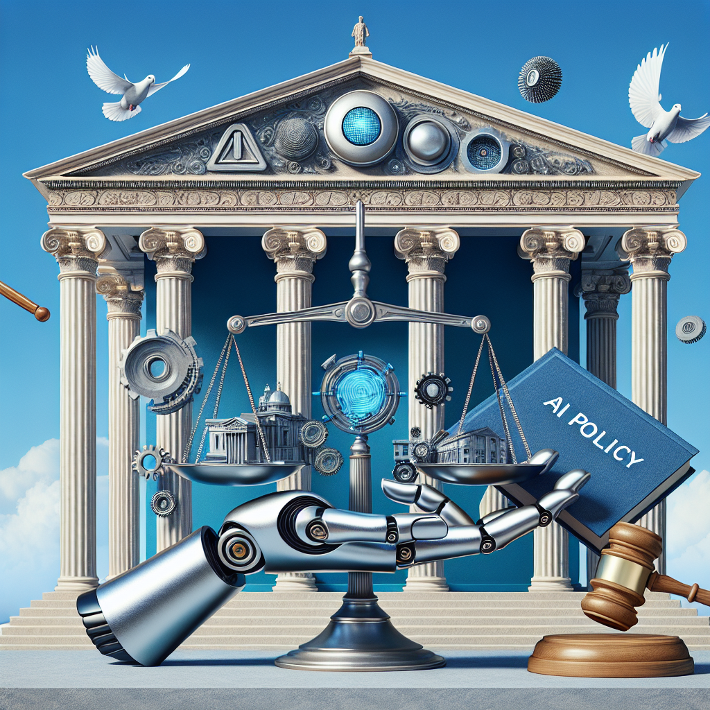 A depiction of a classical grandeur-style building representing authority, with columns and a large dome. It stands against a bright blue sky. In the foreground, there is a balance scale evoking the theme of regulation. Hovering nearby, a metallic robot hand holding a book titled 'AI Policy', symbolizing the integration of artificial intelligence in policymaking. Notable objects such as the technological chip, legal gavel, and a dove (symbolizing peace) merging to form a round seal at the center of the image. This scene encompasses the tone of balance, regulation, and advancement.
