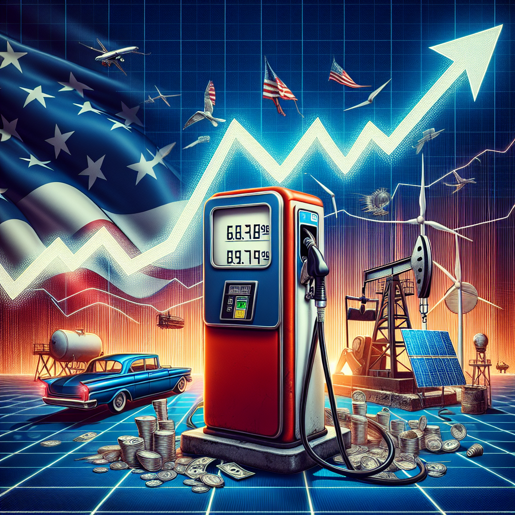 A conceptual illustration depicting the plunge in gas prices. In the foreground, a vintage fuel pump's price display shows exceedingly low numbers, symbolizing the plummet in gas prices. Behind it, a dynamic chart with a sharp downward trend, representing the decline. An American flag subtly integrated into the backdrop, indicating the US context. Scattered around the composition are elements of energy policy: a solar panel, a wind turbine, and an oil derrick, to symbolize various energy sources.