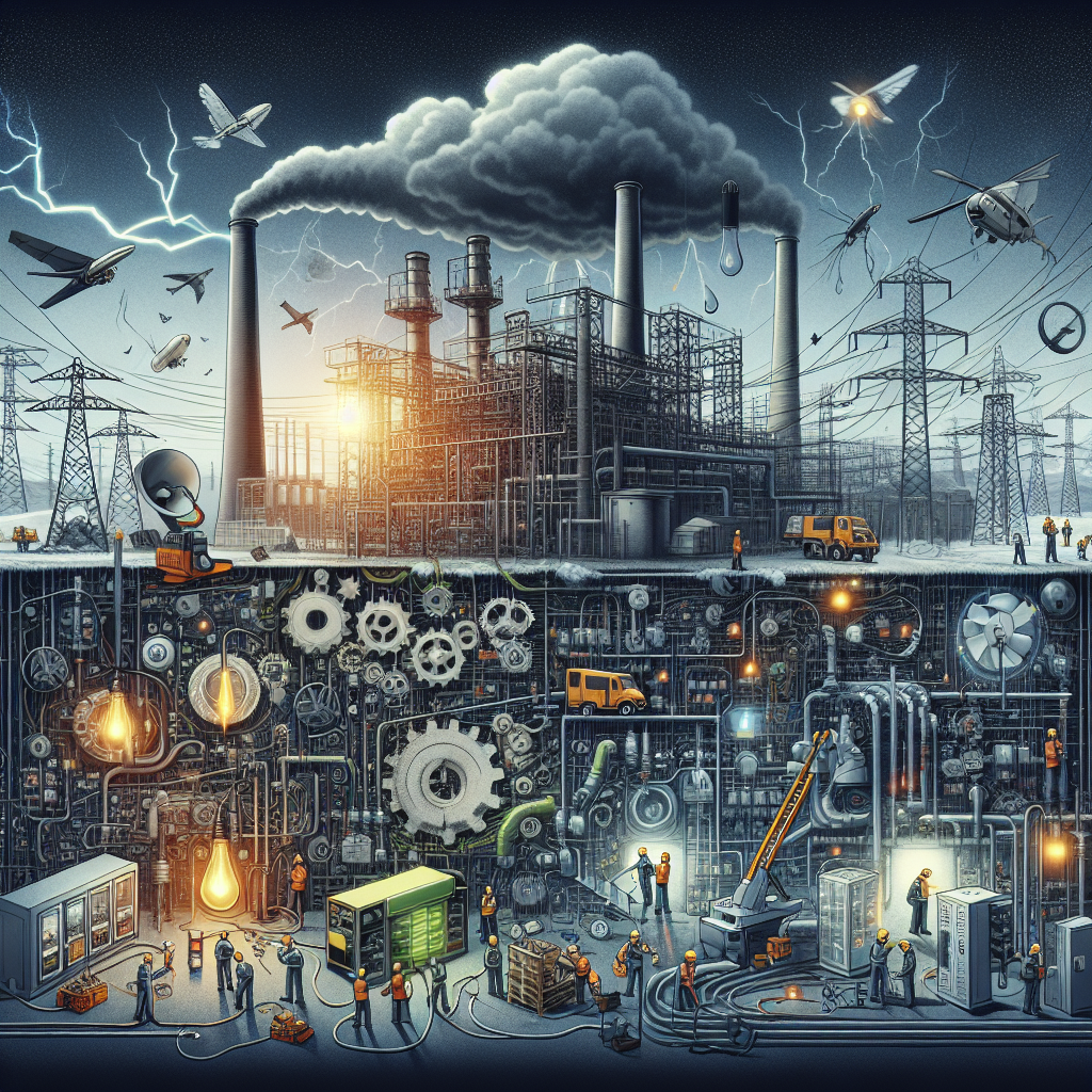 A detailed visual depiction illustrating the subject of power grid failure risks and nationwide blackout prevention. The scene should incorporate various concepts pertinent to this topic, including power plants, intricate wiring grids, a broken down machinery symbolizing failure, repair technicians of various genders and descents at work, emergency lights illuminating the darkness when the main power is out, and advanced technology solutions like solar panels, wind turbines, and battery storage systems showcasing the progressive transition towards environmentally-friendly alternatives.