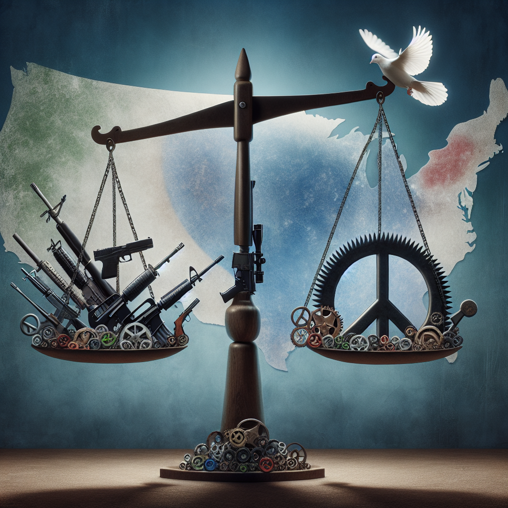 An emotion-filled image illustrating the concept of federal gun control to prevent violence. The image depicts a balanced scale, where on one side lies a collection of diverse firearms, signifying gun prevalence, and on the other side a peace symbol, signifying tranquility. In the background, an abstract representation of the United States map is visible, subtly showing high power gears interlinking to signify federal controls. Elevated above the scene, a symbolic dove is seen flying away from the firearms towards the peace symbol, expressing the goal of reducing gun violence.