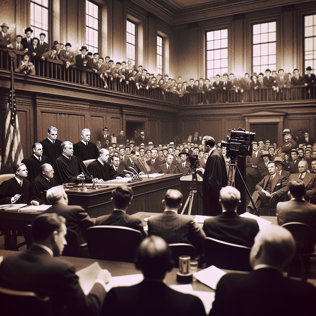 Visualize a historic courtroom scene involving a high-profile criminal trial in the United States. Focus on the intensity of the moment: the judges in classic black robes, lawyers passionately presenting their arguments, the anxiety on the faces of the juror, and the accused standing quietly, nervously awaiting the verdict. Highlight the packed courtroom, filled with journalists and spectators waiting in anticipation, while outside the courthouse, a crowd, protesting for justice, can be seen.