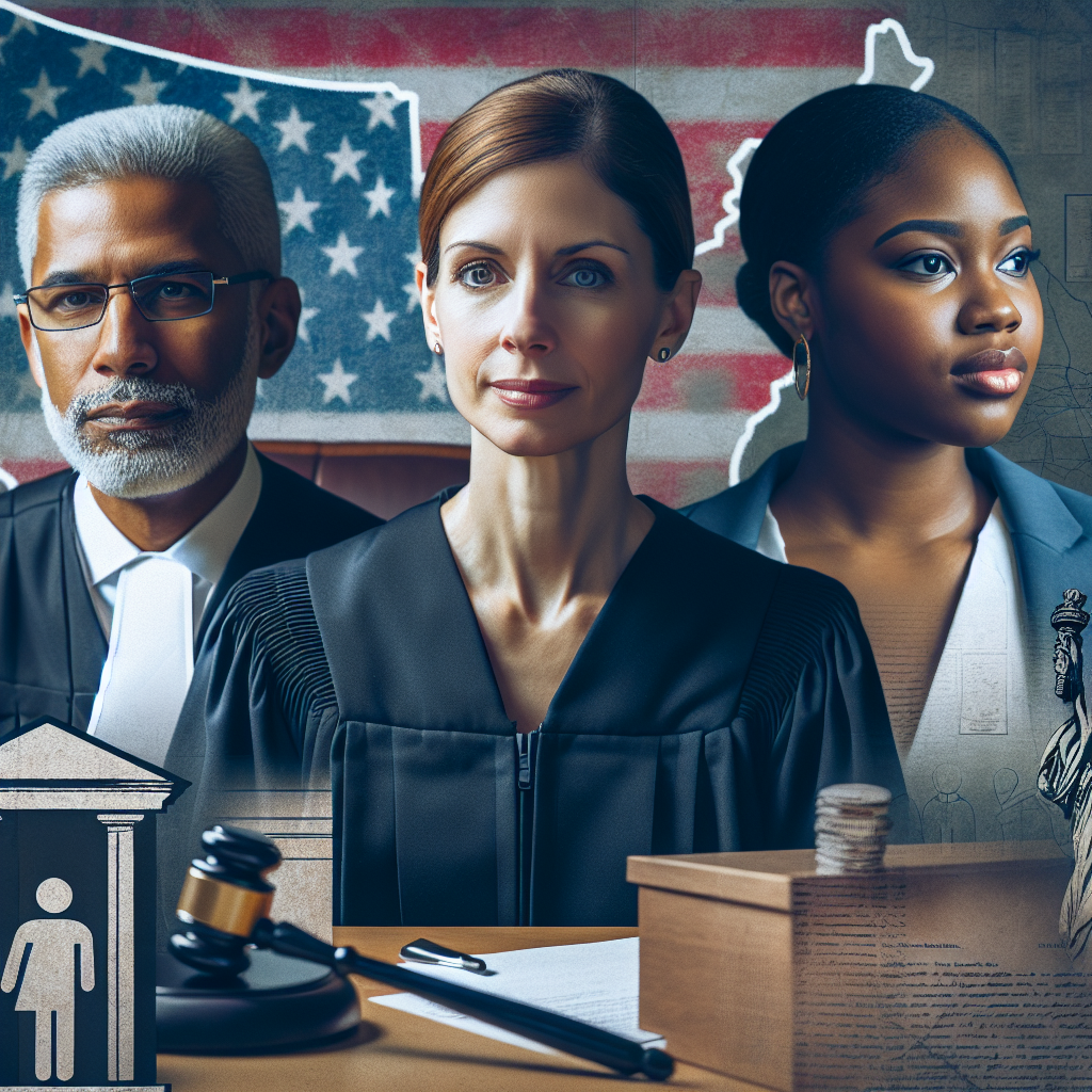 Create an image featuring a caucasian female judge, a hispanic male legislator and a black female voter. They are in a courtroom environment with symbolic representations of voting laws like ballots, gavels and legal documents visible. Also include a faded US map in the background. Emphasize the gravity and seriousness of the situation.