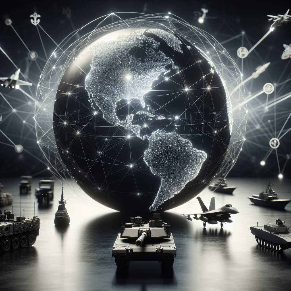 Visualize an abstract concept of global security. Show a large, metallic globe prominently placed in the scene, with interconnected lines to represent global connections. Display different military-themed symbols such as tanks, fighter jets, and naval ships to depict US military aid. All these symbols should be placed as if they are moving towards different sections of the globe. Make sure to emphasize that the strategy in focus is peace and stability, so the scene should not be chaotic or depict war, but rather international cooperation.