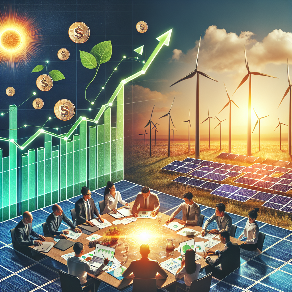 An image depicting a vibrant sun shining on a field of silicon solar panels, with a line graph on the side showing increasing investment in sustainable energy sources. A wind turbine rotates in the distance and in the foreground, multiple people of various genders and descents are discussing over a table filled with documents and laptops, symbolizing strategic planning for clean energy investment. Floating coins with a green leaf motif indicate the financial aspect of the plan.