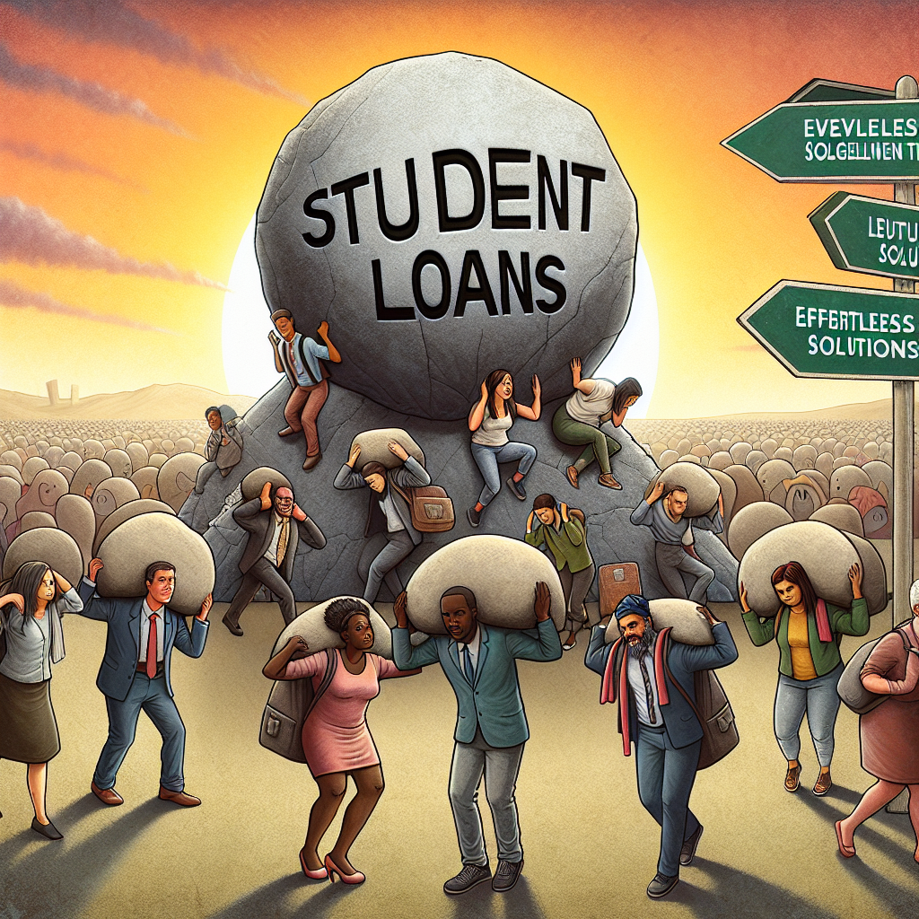 A thought-provoking image depicting a diverse range of individuals, each carrying a burden symbolized by a massive stone labeled 'Student Loans'. Some individuals, from a variety of descents such as Caucasian, Hispanic, and Black, are struggling under the weight. Meanwhile, others, including Middle Eastern and South Asian individuals, are experiencing relief as their burdens are being lifted off, symbolizing the forgiveness program. In the background, a sunrise represents new beginnings and the signpost points towards 'Effortless Solutions'. This image metaphorically communicates the concept of student loan forgiveness programs and their role in easing financial stress.