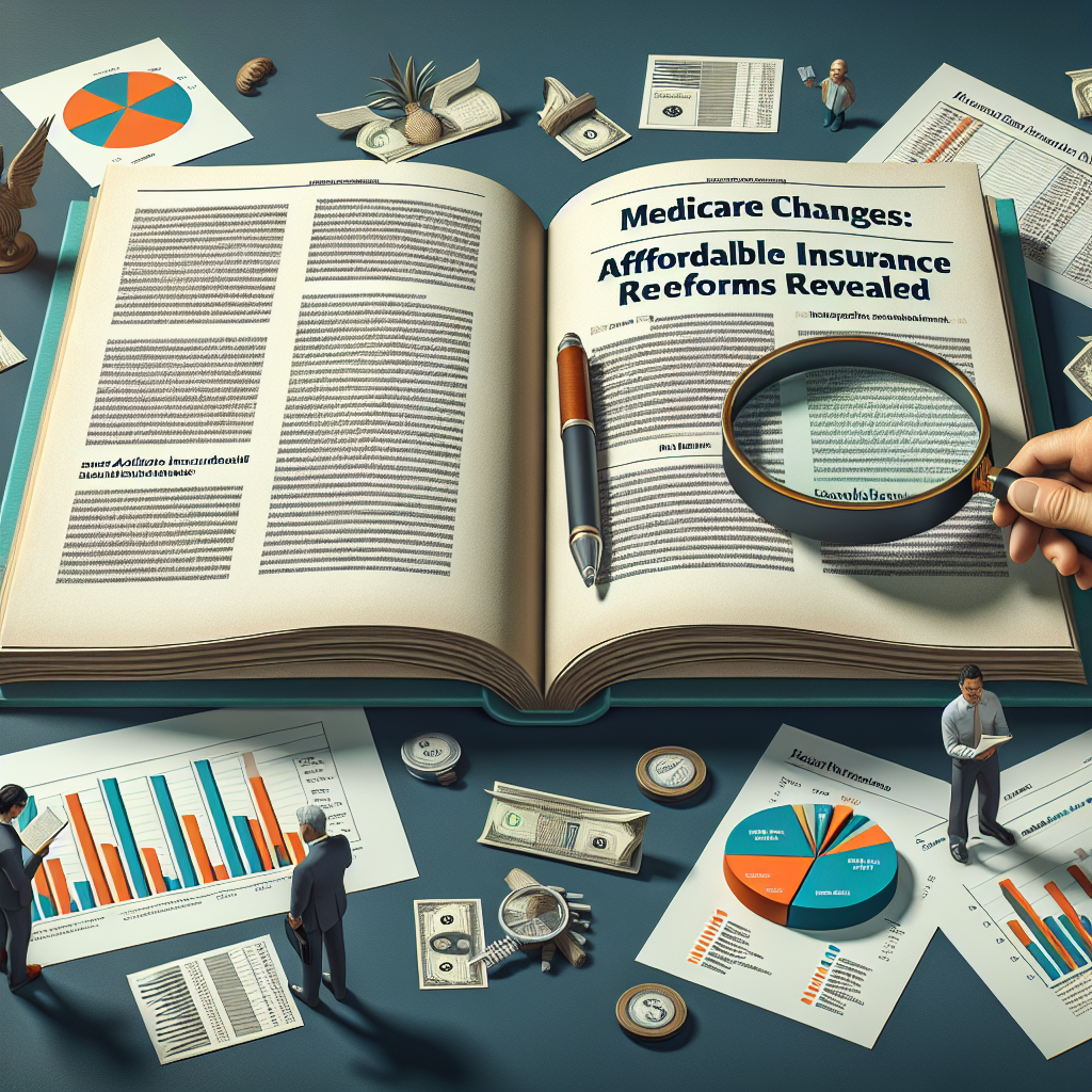 An image exhibiting a turning page of an open book. On the visible page of the book, there's text that reads 'Medicare Changes: Affordable Insurance Reforms Revealed'. Near the book, scattered papers show graphs and pie charts representing health insurance statistics. A magnifying glass rests on one of the charts, indicating a thorough review. To the side, there's an olive-skinned man and an East Asian woman, both dressed like financial advisors, studying the information on the book and charts.