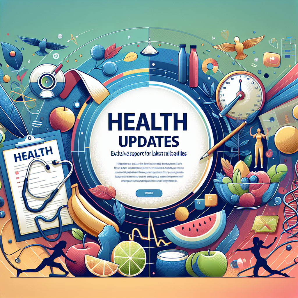 An illustrated landing page for an article titled 'Health Updates: Exclusive Report on Latest Milestones'. The page is adorned with captivating and colorful graphics of a medical chart, a stethoscope, healthy foods, and fitness equipment. The background is a gradient from light to dark, giving visual emphasis to the title. The article's title sits in bold, stylish font at the centre of the composition. Random unidentified characters portraying a variety of healthy activities are integrated around the edges, representing different races, genders and age groups.