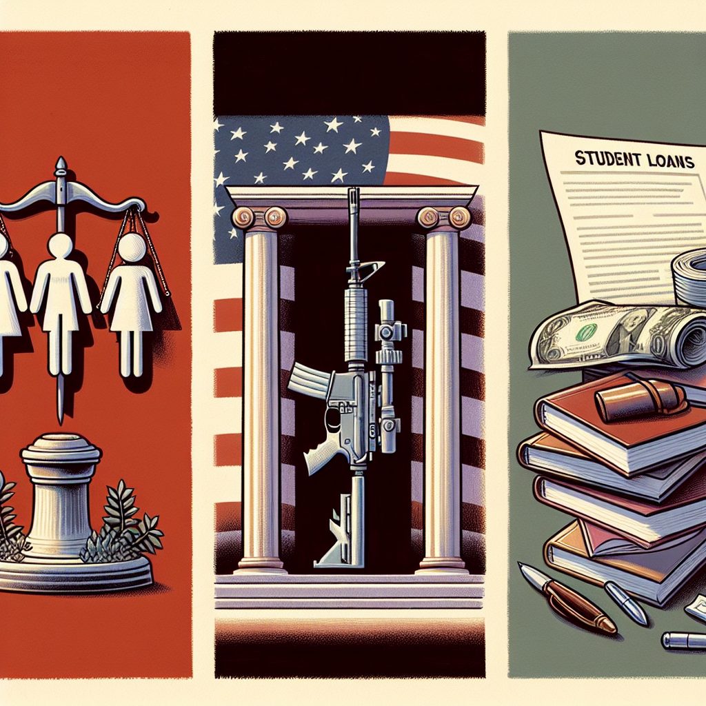 Illustrate an image depicting three important sectors of US law: reproductive health, gun regulations, and student loans. In the first part, show a symbolic illustration representing medical care in the area of women's health. In the second segment, portray a responsibly stored firearm within a household setting that clearly communicates the concept of gun laws. Lastly, show a depiction of student loans by displaying piles of books and a writing instrument, along with document signifying debt. Remember to represent these segments with balance and neutrality, avoiding explicit political symbols. The main emphasis should be on the seriousness of the topics, their profound impact on individuals and society.