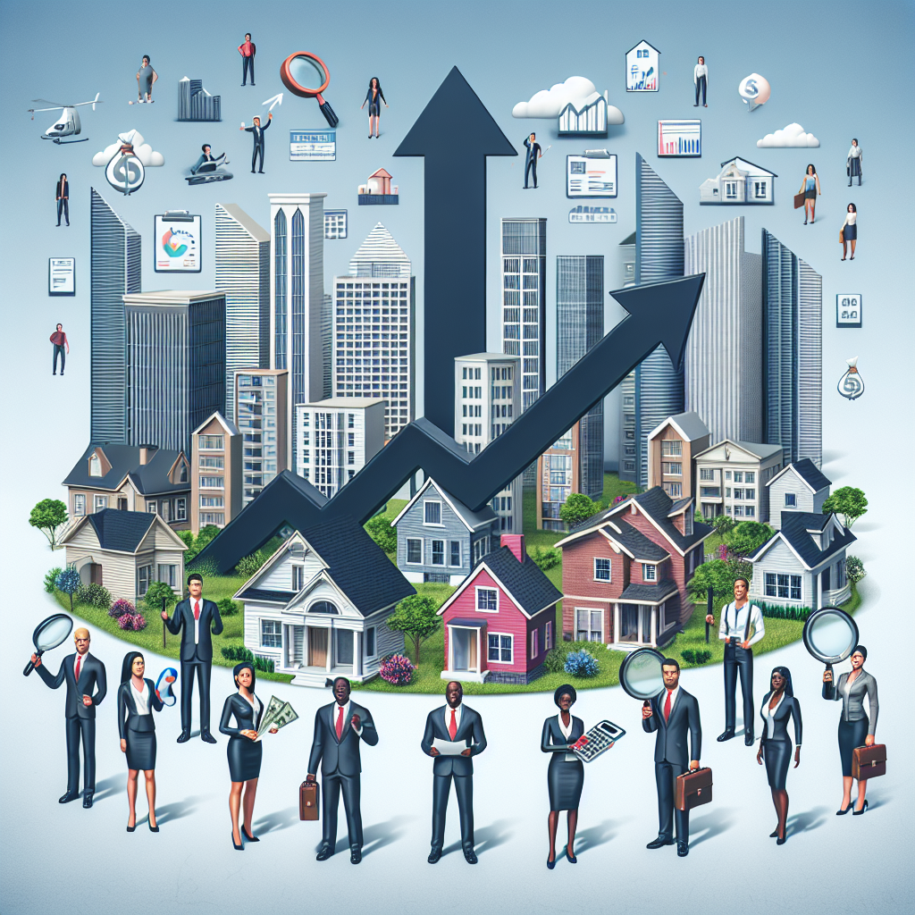 Visualize an urban landscape with diverse residential buildings representing the US housing market, including skyscrapers, suburban houses, and apartments. Feature individuals of various descents such as Caucasian, Hispanic, Black, and South Asian dressed in professional attire, each holding different objects symbolizing housing strategies like a shield, a magnifying glass, a blueprint, or a calculator. Integrate a background element of a large upward arrow, implying rising mortgage rates, and a group of people trying to hold it back, depicting their struggle to combat the increase.