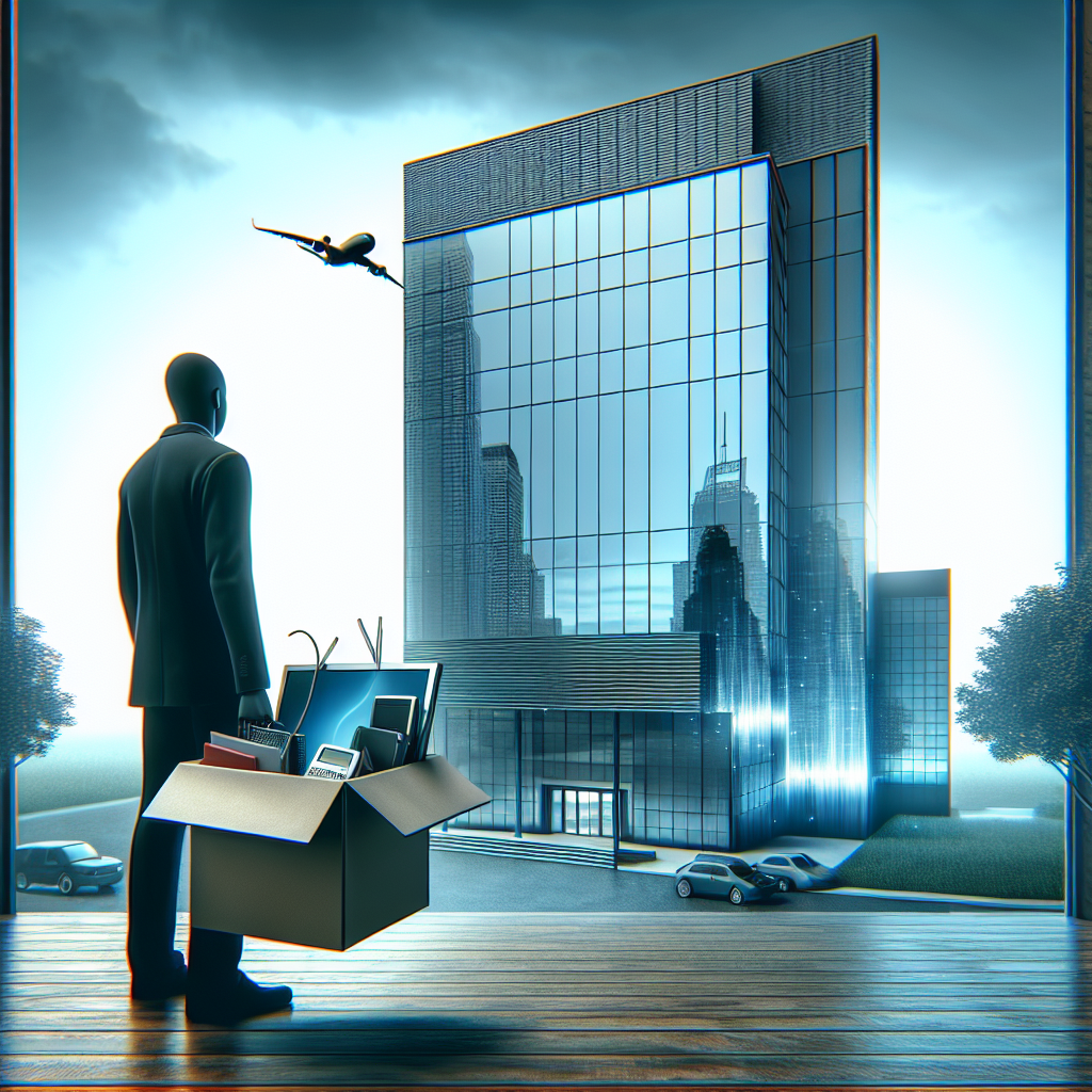 An image illustrating the concept of tech layoffs. Show a dejected individual leaving a sleek, ultra-modern office building with a box filled with items from their desk. The box contents should include a few tech related-items such as a laptop, a mouse, and perhaps some technical manuals. The office building should have a futuristic look epitomizing a successful tech company. Add a subtle visual element like a gloomy sky or the hint of a moving shadow, to convey the uncertainty and tension of the situation.