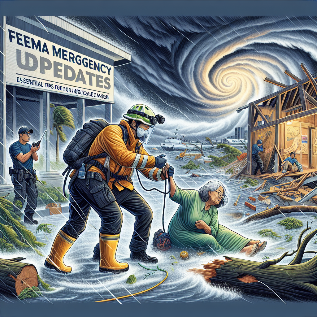 Illustration of a hurricane relief effort scene set during a rainstorm. An Asian male is an emergency worker in a waterproof suit and helmet, holding out a rescue rope for a Hispanic elderly female figure, struggling in the face of hurricane winds, surrounded by toppled trees and scattered debris. To the side, a Caucasian male uses a radio for communications about the updates. On the background, demonstrate ominous, dark clouds representing the hurricane with visible wind and rain effects. The text 'FEMA Emergency Preparedness Updates: Essential Tips for Hurricane Season' hovers above the scene.
