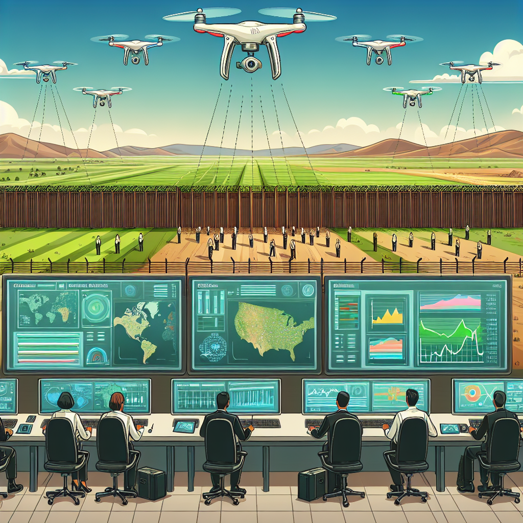 A detailed illustration representing the concept of border security developments. Depict drones scanning a large fence that stretches into the distance. This fence should represent a border, with green fields on one side, and a desert landscape on the other side, signifying two different countries. Show sophisticated technology such as computer monitors displaying maps and data. Ensure to depict a diverse team of security personnel of varying genders and descents, including Caucasian, Hispanic, Black, Middle Eastern, South Asian. They are monitoring the situation attentively in a control room featuring large screens and advanced equipment.