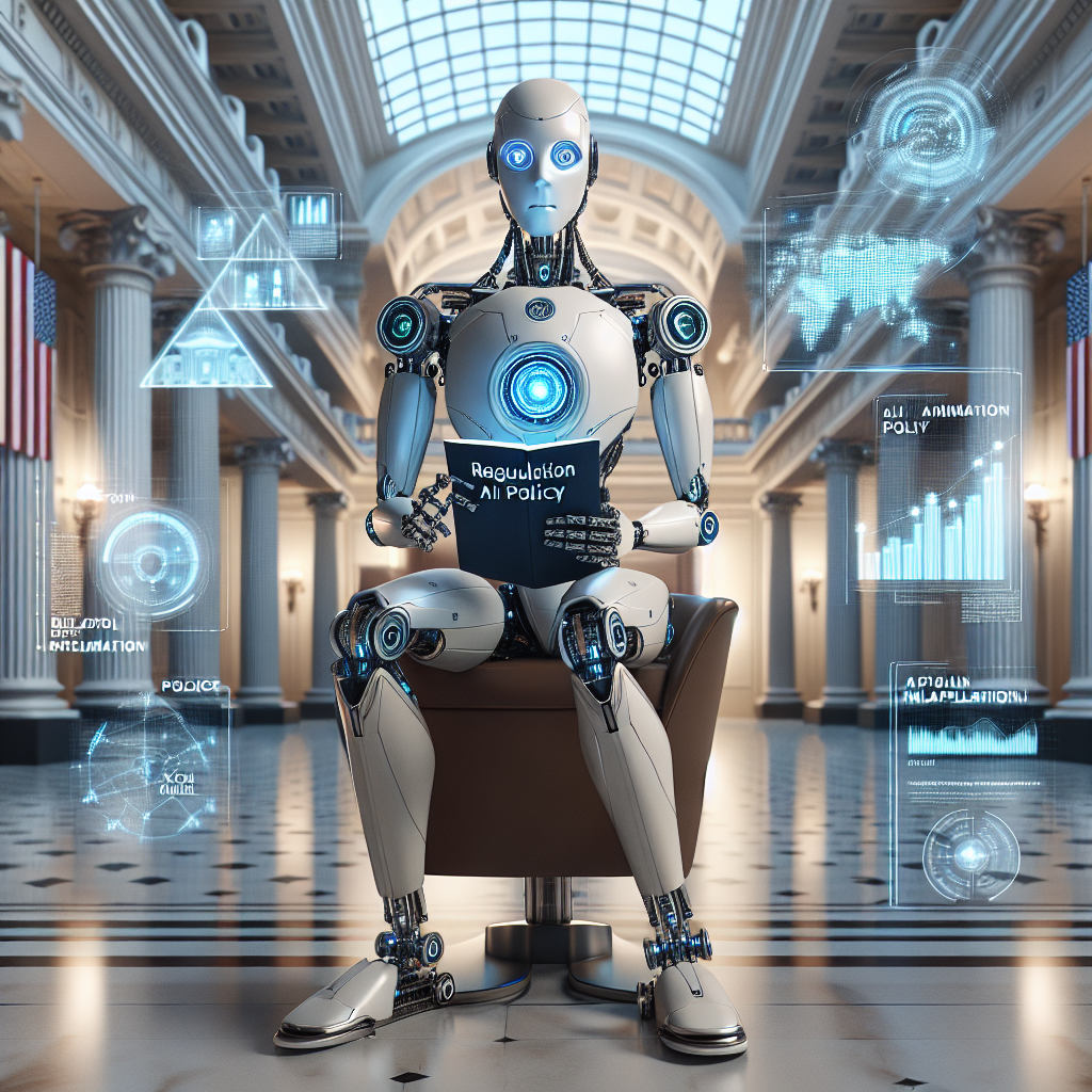 Design an image of a futuristic AI robot sitting in a governmental building mimicking the 'White House'. The AI robot is made up of slick metallic surfaces and glowing blue lights. It holds a document titled 'AI Regulation Policy' in one of its mechanized hands. Digital infographics illustrating various aspects of policy implementation and impacts hover around it, projected from another hand. The background architecture is representative of governmental prestige, complete with high ceilings, massive pillars, and the American flag. The ambiance is serene with softened, subdued lighting.