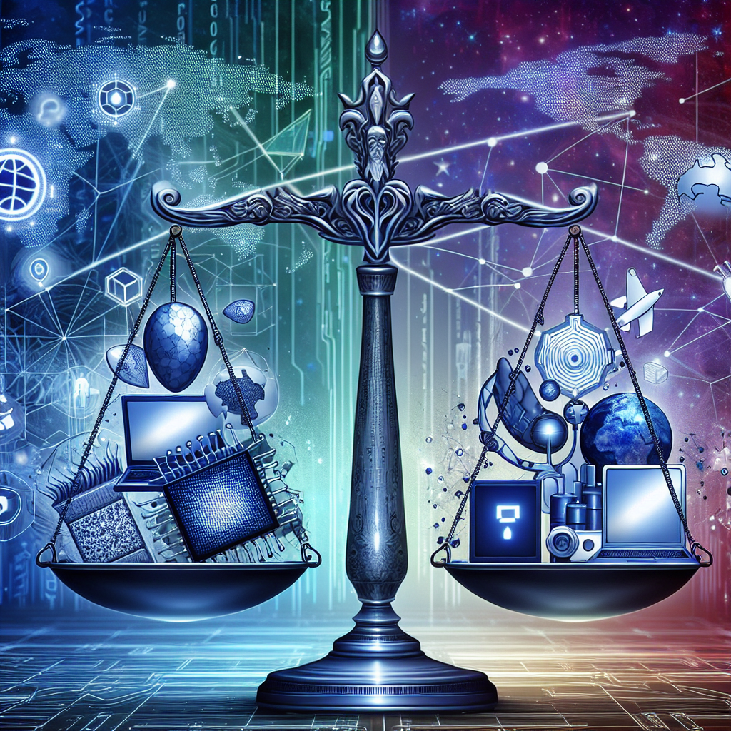 Imagine a symbolic illustration featuring a balanced scale reflecting the tense tech rivalry between two undisclosed countries. On one side of the scale, present technological icons signifying a noted western country including a laptop, silicon chip, and satellite. On the other side, symbolize an eastern country with elements such as a smartphone, an AI robot, and a high-speed train. In the background, picture an ambiguous digital map of the world with interconnected nodes, representing the global tech network. Please refrain from using any flags or identifiable country symbols.