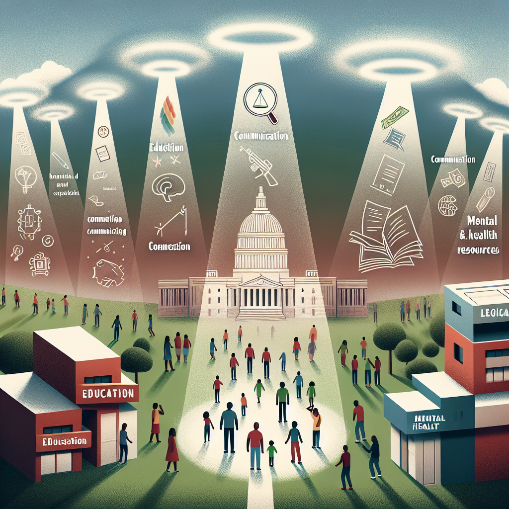 An illustrative image comprising different elements representing seven strategies for addressing gun violence. The foreground showcases a scaled-down peaceful urban environment with people of diverse descents and genders coexisting harmoniously. The middle ground should incorporate symbols of education, communication, and mental health resources. The background should contain an abstract representation of legislative documents related to gun control. Lastly, hovering above the scene are seven light beams, emanating from a source unseen, and each beam illuminating a different part of the illustrated strategies, suggesting a multi-faceted approach.