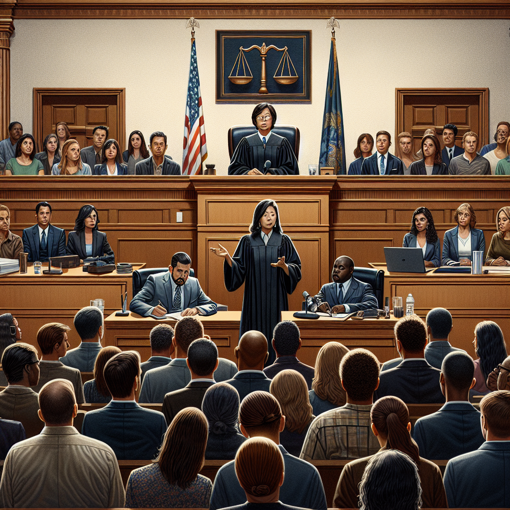 A detailed image of a scene from a courtroom during a high-profile trial. This includes an Asian female judge in a black robe presiding at a high bench, a Hispanic male prosecutor presenting arguments passionately, a Black female defense attorney listening attentively while taking notes, a jury panel consisting of diverse descent and gender in the jury box, and spectators of mixed races and genders seated in the public gallery. On the wall, there is framed artwork portraying the scales of justice symbolizing truth and fairness.