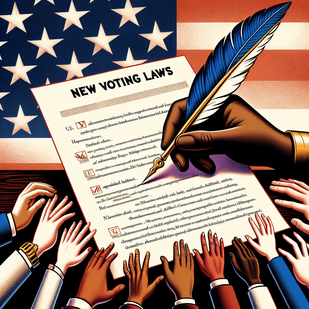 An illustration depicting changes in voting laws in the US. The image should include a symbolic representation of legislative documents representing new voting laws, poised with a feathered quill that suggests amendment or change. A contrasting background of a classic American flag is needed to underline the context. Foreground should be occupied by diverse group of hands - Caucasian, Hispanic, Black, Middle-Eastern, South Asian - reaching out towards the voting laws document, signaling citizen interest and citizen involvement in said changes. Crucially, no specific political figures should be depicted.
