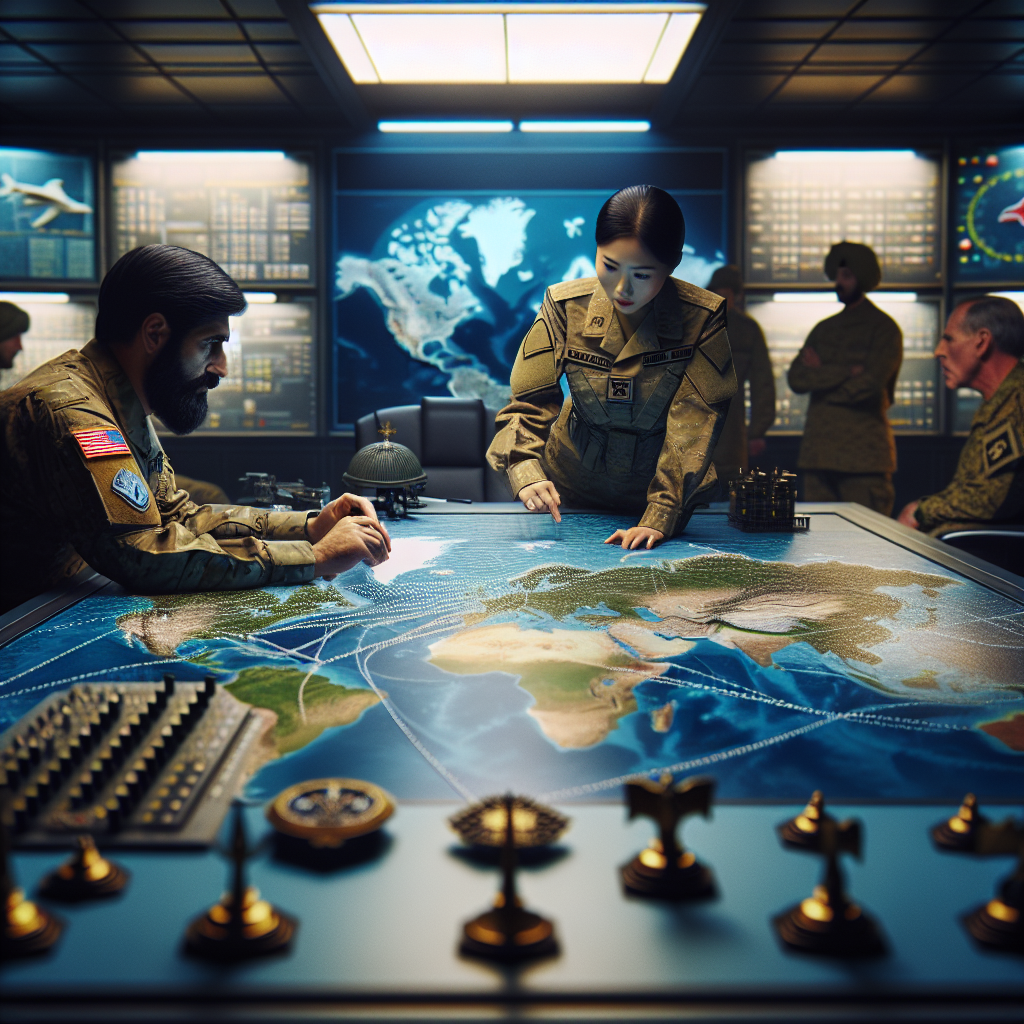 A detailed strategic map on a large table in a military operations room. In the background, there are two uniformed figures discussing. One figure is an East Asian woman, displaying a posture of authority, and the other is a Middle Eastern man, attentively listening and contributing. Around the room, various symbols of military power such as insignias, uniforms and equipment are subtle yet present. There is a prevailing ambiance of serious, calculated decision-making, highlighting the global scale of their operations and consequent security implications.