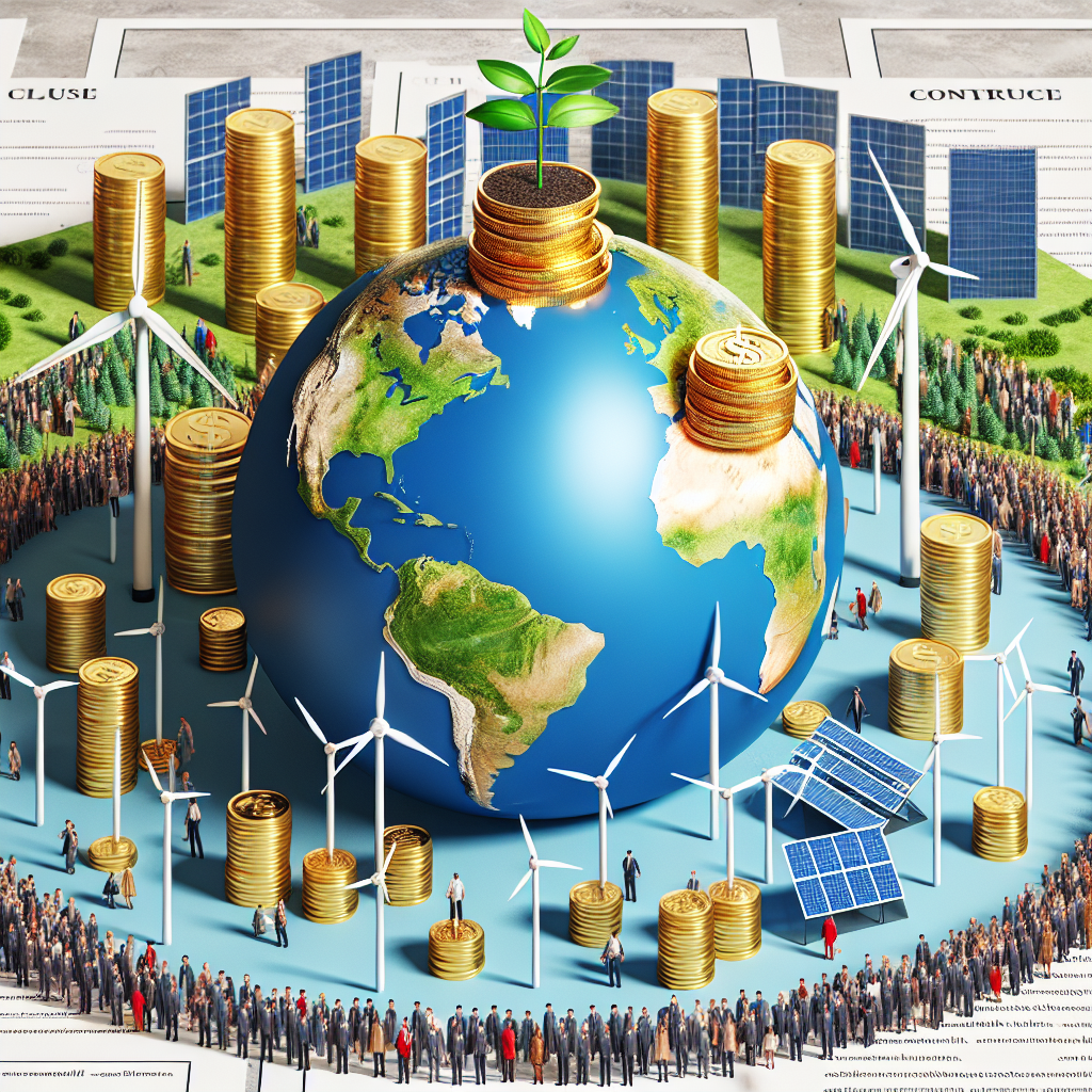 Visualize a tightly grouped globe, wind turbines, and solar panels in a balanced environment symbolizing earth. Stacks of gold coins and a green plant sprouting from one of the piles represent clean, renewable energy investment. The scene is set against a backdrop of a legislation paper with symbols of clause, laws, and contracts. There is a diverse group of people around the globe, each holding a tiny version of earth in their hands, depicting their commitment and unity towards climate change management. These individuals represent different descents and genders to illustrate inclusivity in clean energy investments.