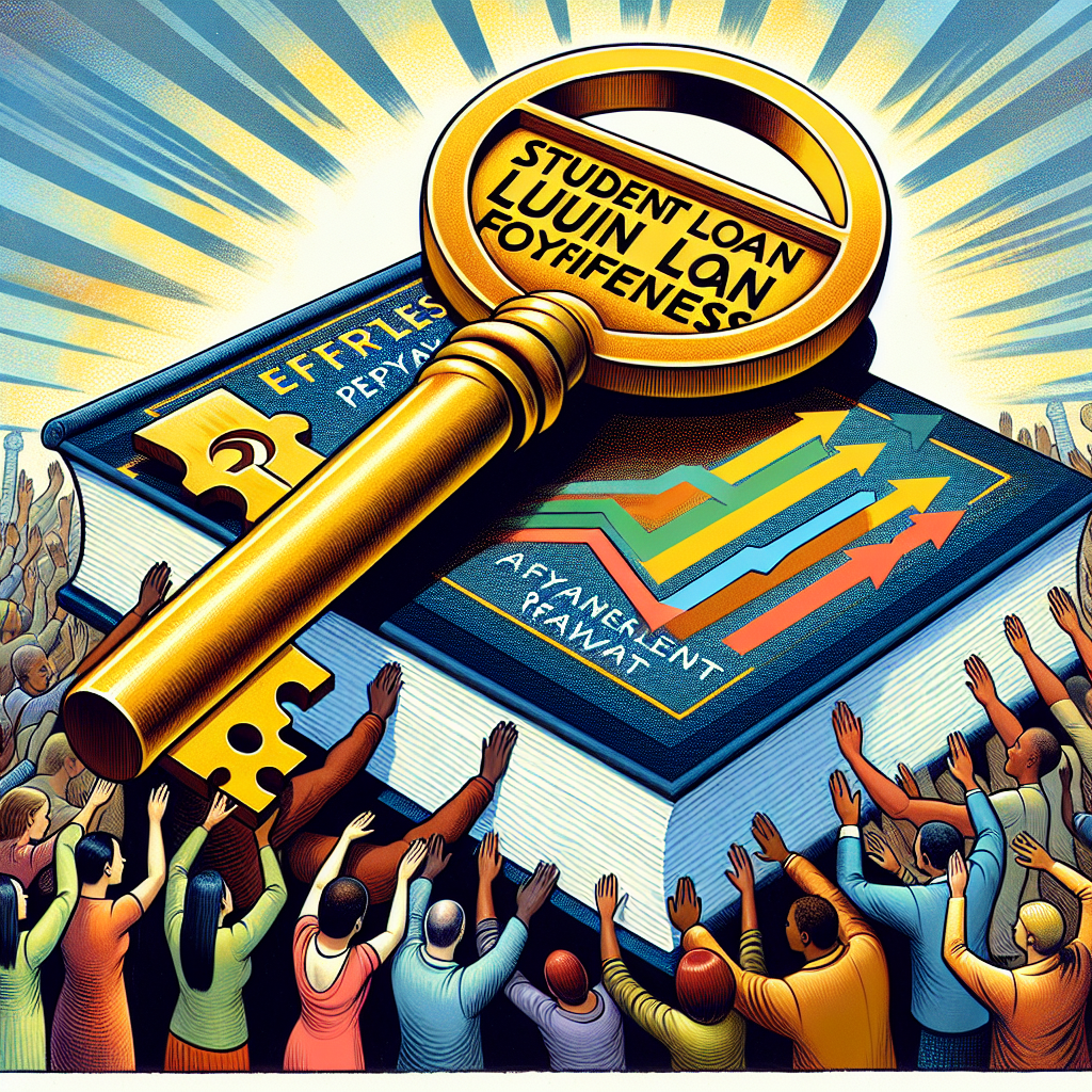A detailed and colorful depiction of a large, golden key labeled 'Student Loan Forgiveness.' The key is opening a heavy lock on a large book titled 'Effortless Repayment.' Surrounding this central theme, you see various people of different descents and genders - African, Caucasian, Asian, Hispanic, Middle-Eastern, all appearing relieved as though a burdensome weight lifted off their shoulders. Also included is an abstract representation of the progress of the program as a rising line graph emerging from the book. This image must have an educational, yet hopeful tone overall.