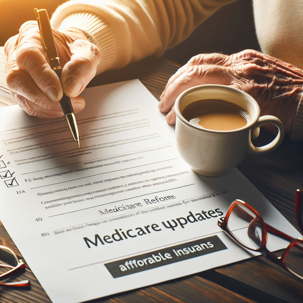 A close-up of an aged person's hand carefully holding a pen, ready to sign a document titled 'Medicare Updates'. The document details affordable insurance reforms with sections emphasizing changes in policy and regulations for improved accessibility. A pair of reading glasses rests atop the paperwork while a cup of hot coffee steams off to the side. The table surface is composed of rich, dark oak, adding a degree of seriousness to the scene. A golden sunlight spills from a nearby window, casting a warm, hopeful glow across the scene, symbolising the promise of a better future.